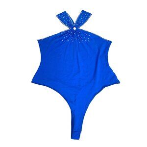 Semi-Custom Stretch Cotton Costume Bodysuit Top Blue Hand Rhinestoned Glass Back